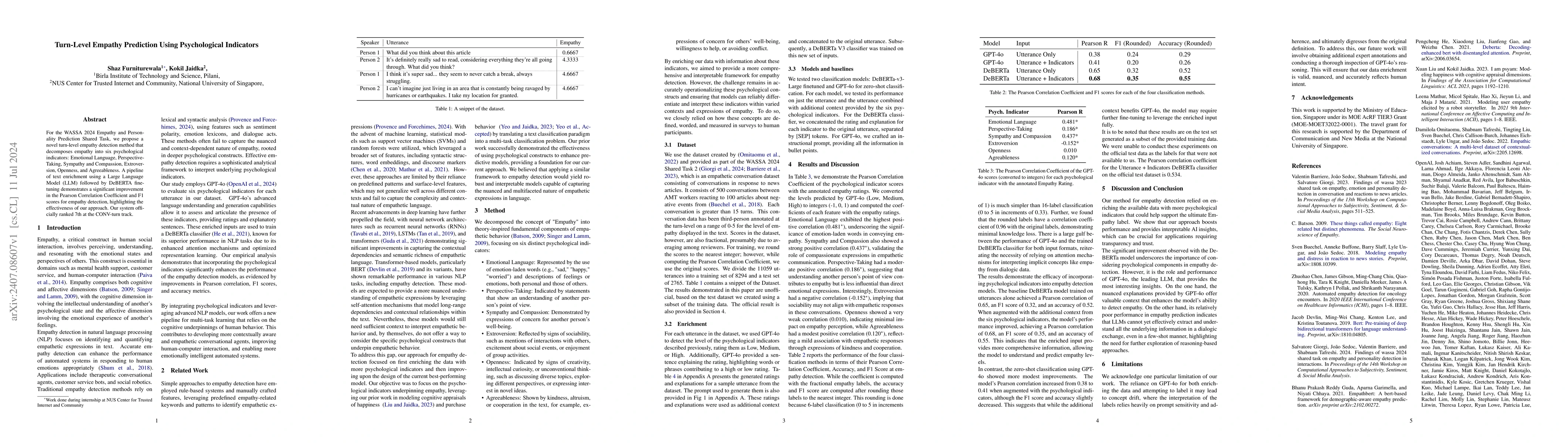 Thumbnail for Turn-Level Empathy Prediction Using Psychological Indicators