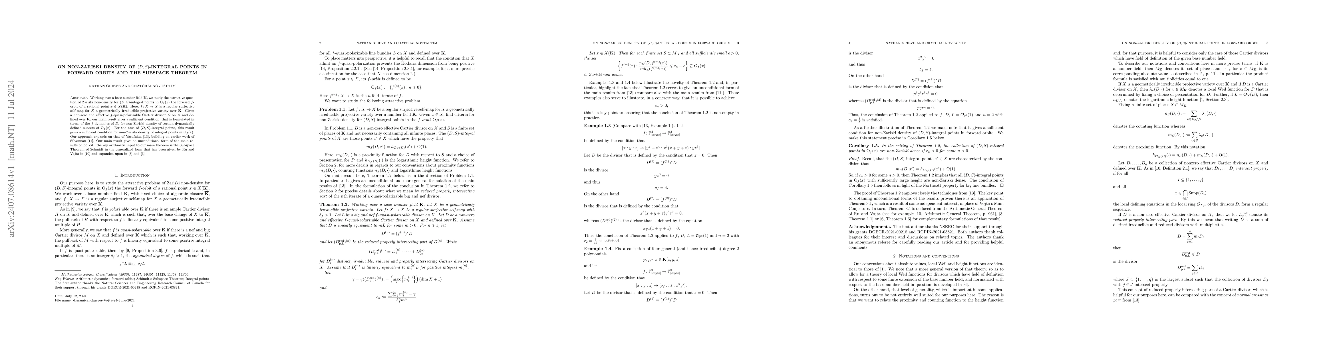Thumbnail for On non-Zariski density of $(D,S)$-integral points in forward orbits and
  the Subspace Theorem
