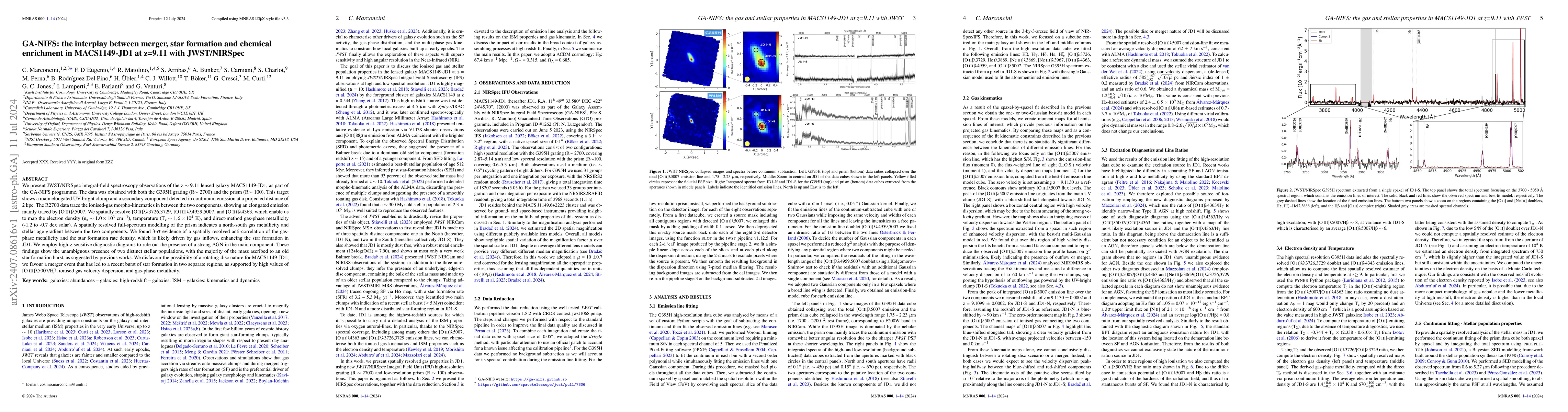 Thumbnail for GA-NIFS: the interplay between merger, star formation and chemical
  enrichment in MACS1149-JD1 at z=9.11 with JWST/NIRSpec