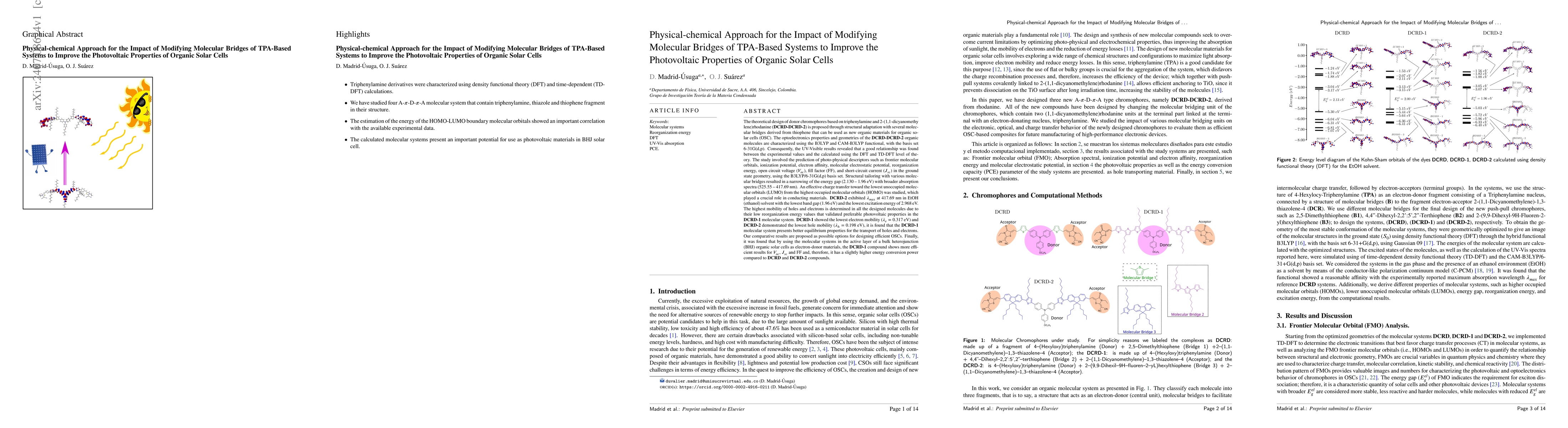 Thumbnail for Physical-chemical Approach for the Impact of Modifying Molecular Bridges
  of TPA-Based Systems to Improve the Photovoltaic Properties of Organic Solar
  Cells
