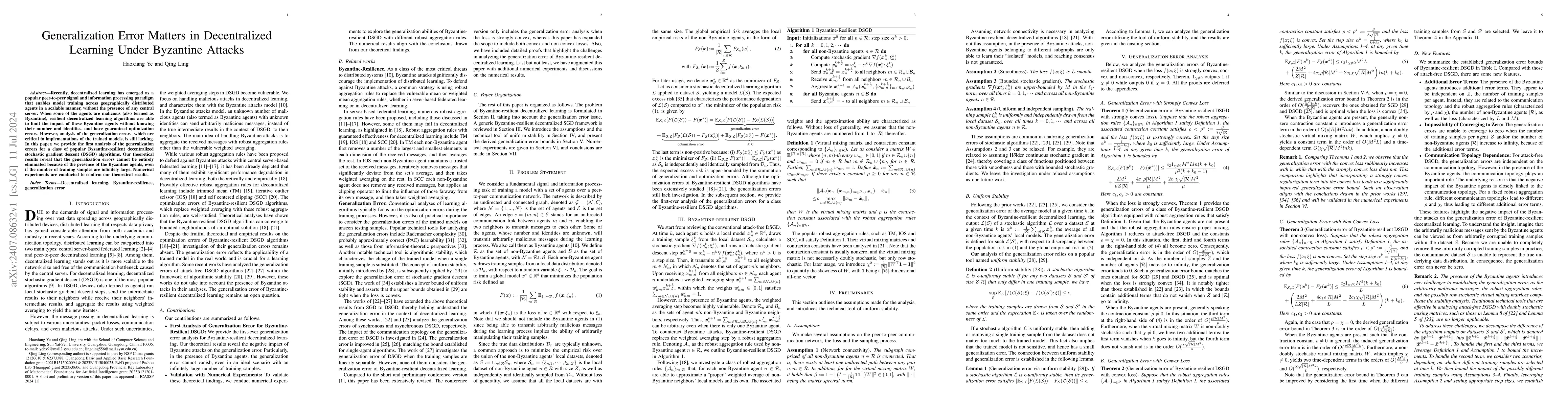 Thumbnail for Generalization Error Matters in Decentralized Learning Under Byzantine
  Attacks
