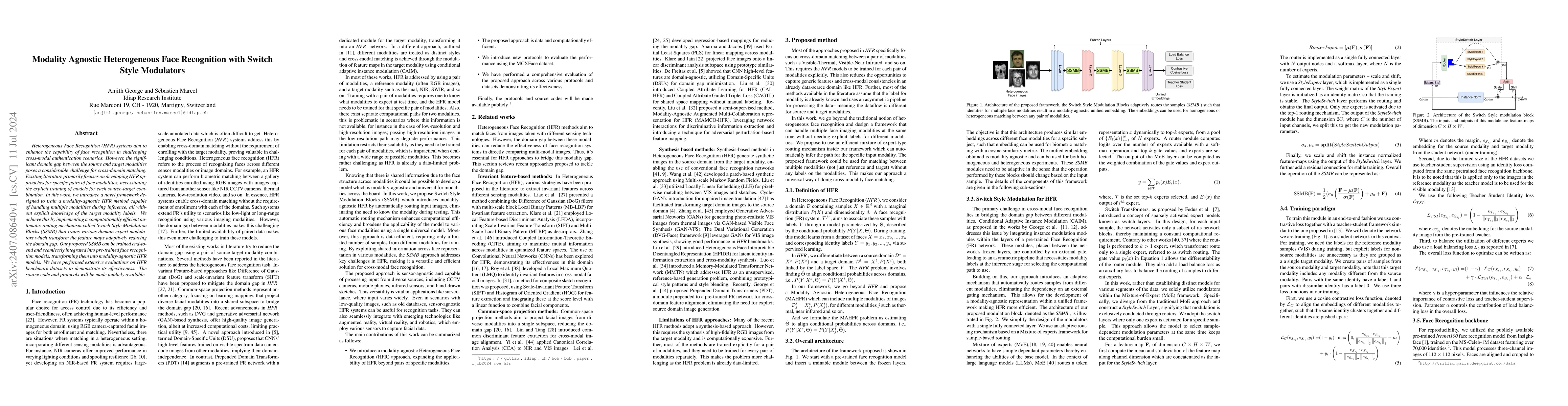 Thumbnail for Modality Agnostic Heterogeneous Face Recognition with Switch Style
  Modulators