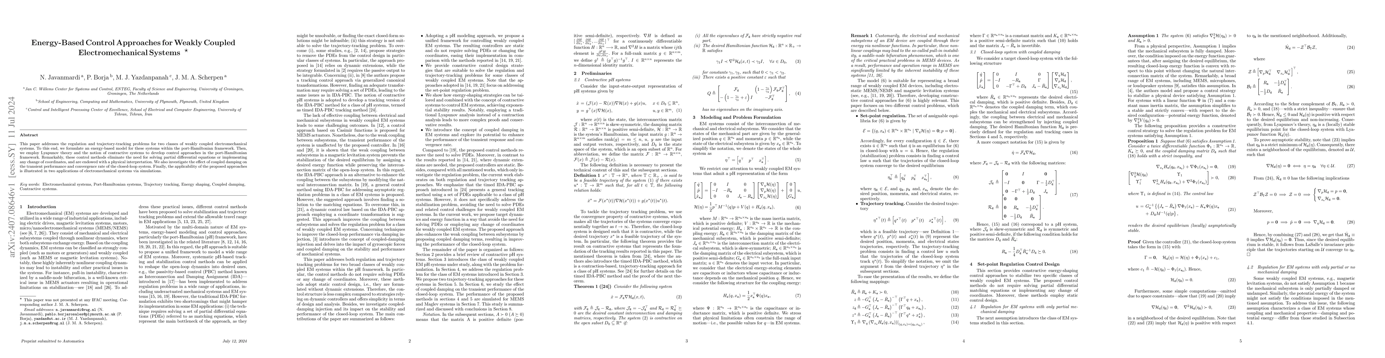 Thumbnail for Energy-Based Control Approaches for Weakly Coupled Electromechanical
  Systems
