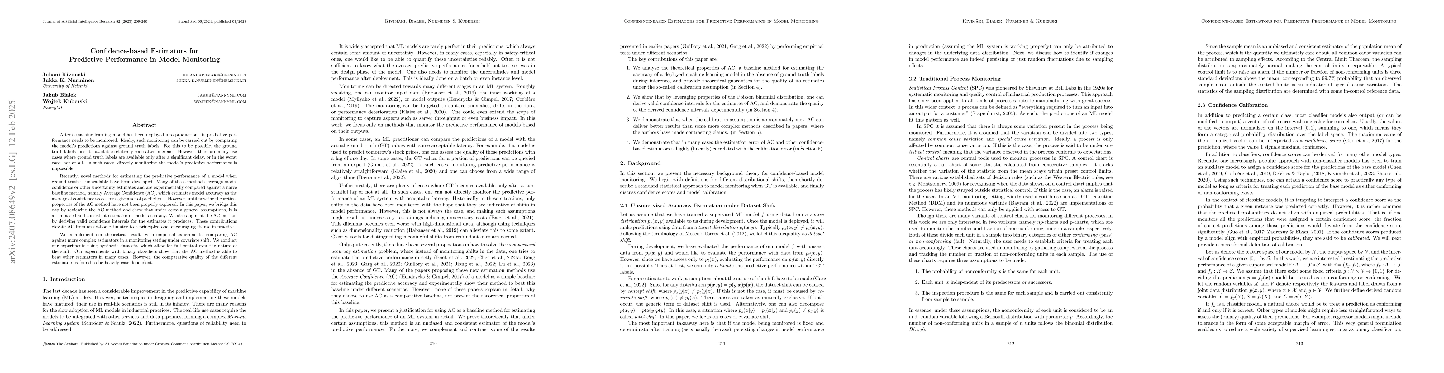 Thumbnail for Confidence-based Estimators for Predictive Performance in Model
  Monitoring