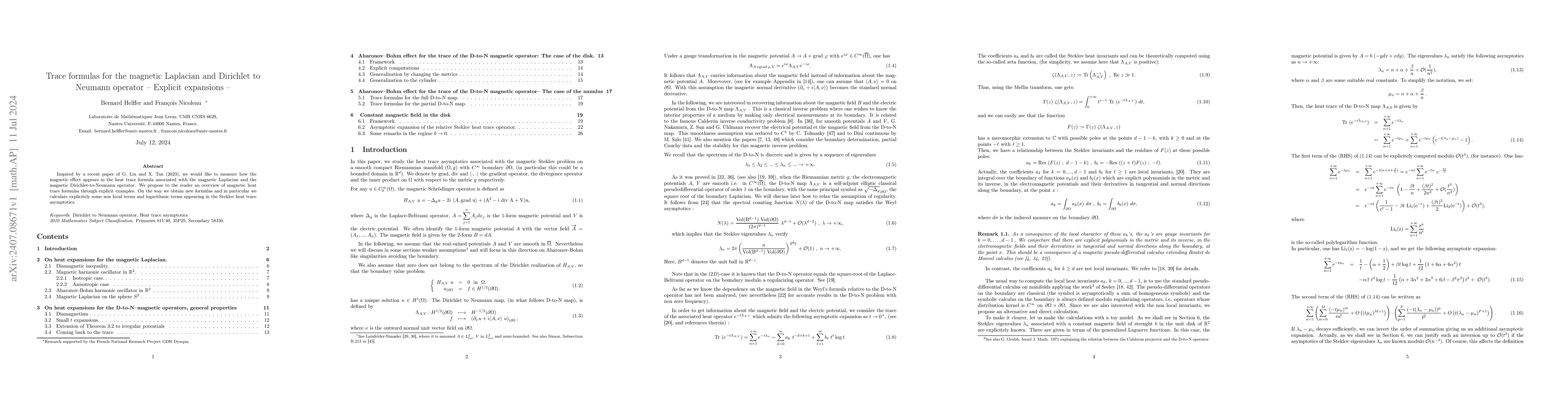 Thumbnail for Trace formulas for the magnetic Laplacian and Dirichlet to Neumann
  operator -- Explicit expansions --
