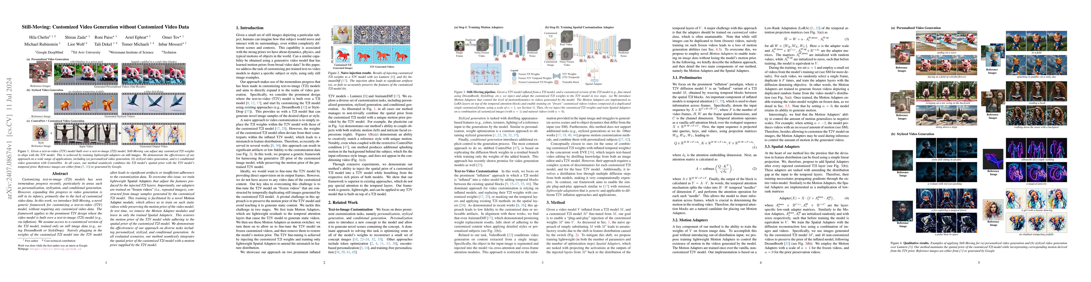 Thumbnail for Still-Moving: Customized Video Generation without Customized Video Data