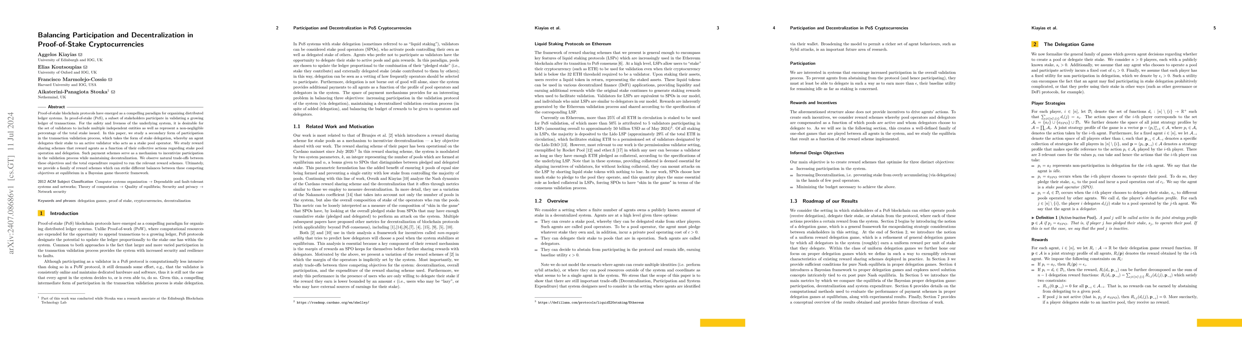 Thumbnail for Balancing Participation and Decentralization in Proof-of-Stake
  Cryptocurrencies