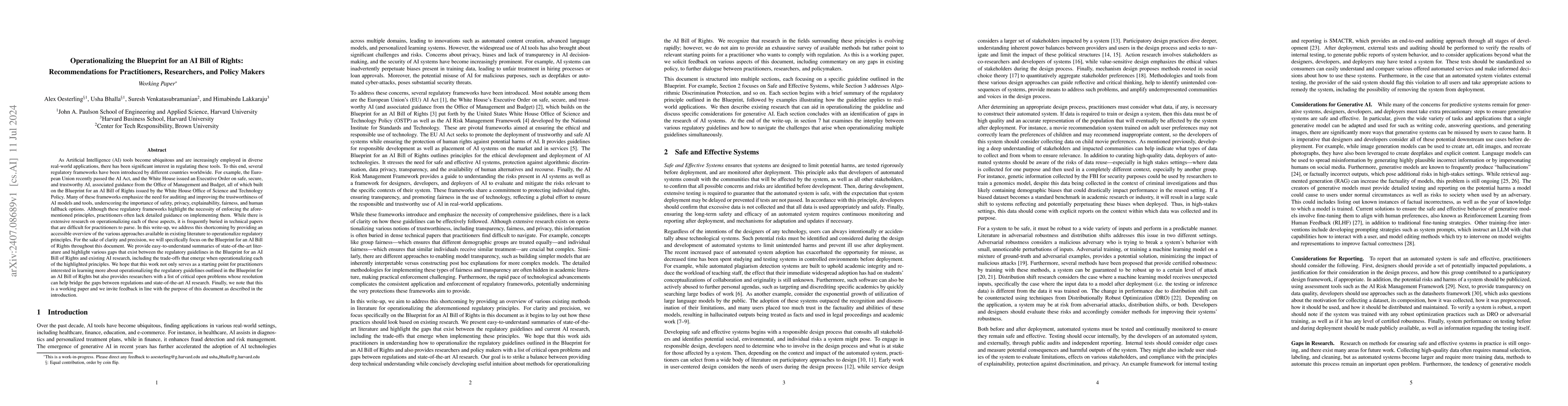 Thumbnail for Operationalizing the Blueprint for an AI Bill of Rights: Recommendations
  for Practitioners, Researchers, and Policy Makers