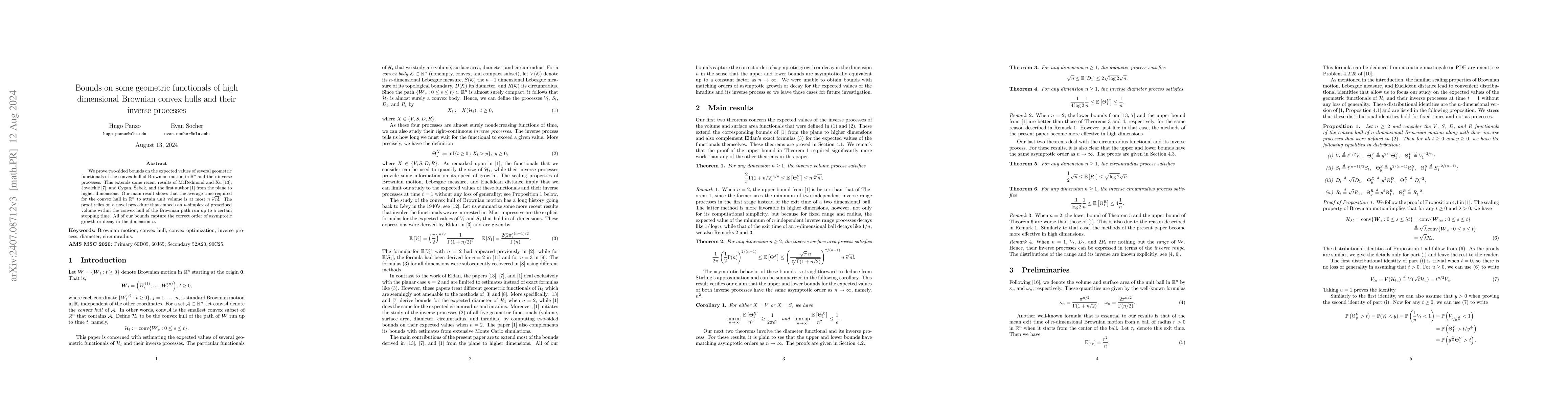 Thumbnail for Bounds on some geometric functionals of high dimensional Brownian convex
  hulls and their inverse processes