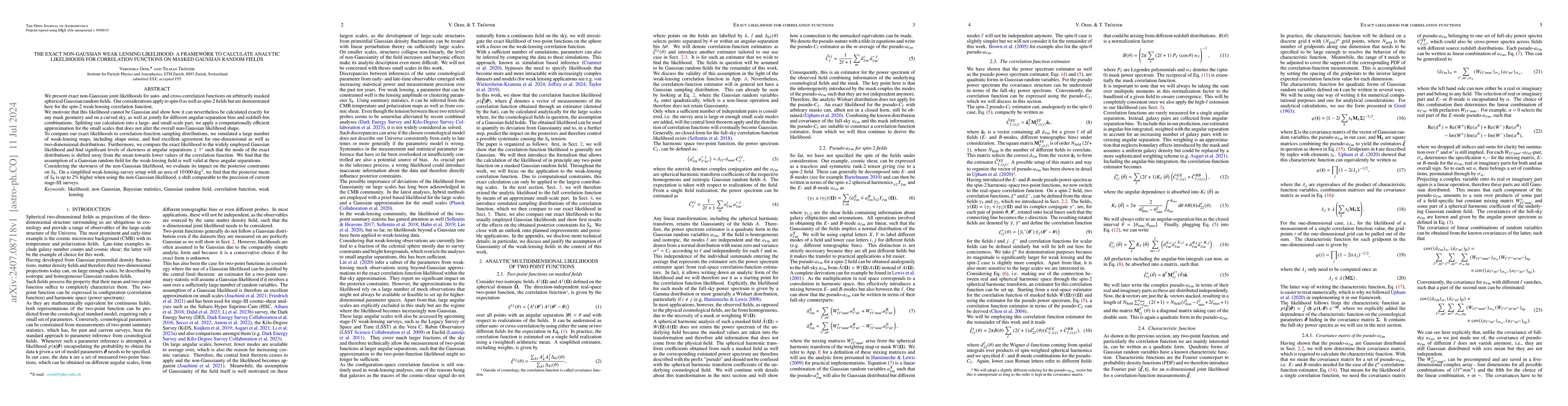 Thumbnail for The exact non-Gaussian weak lensing likelihood: A framework to calculate
  analytic likelihoods for correlation functions on masked Gaussian random
  fields