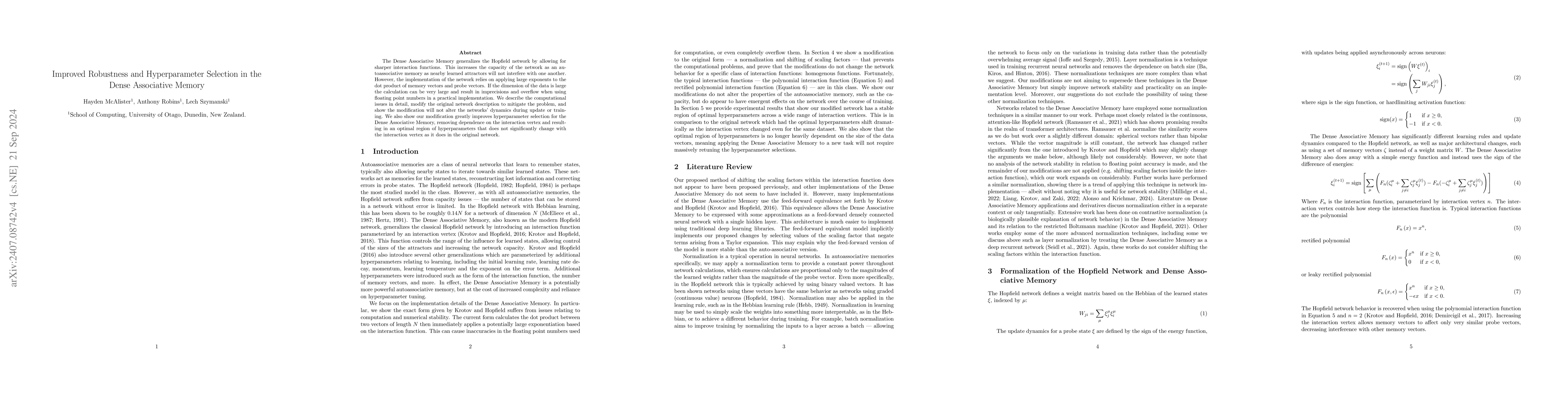 Thumbnail for Improved Robustness and Hyperparameter Selection in Modern Hopfield
  Networks