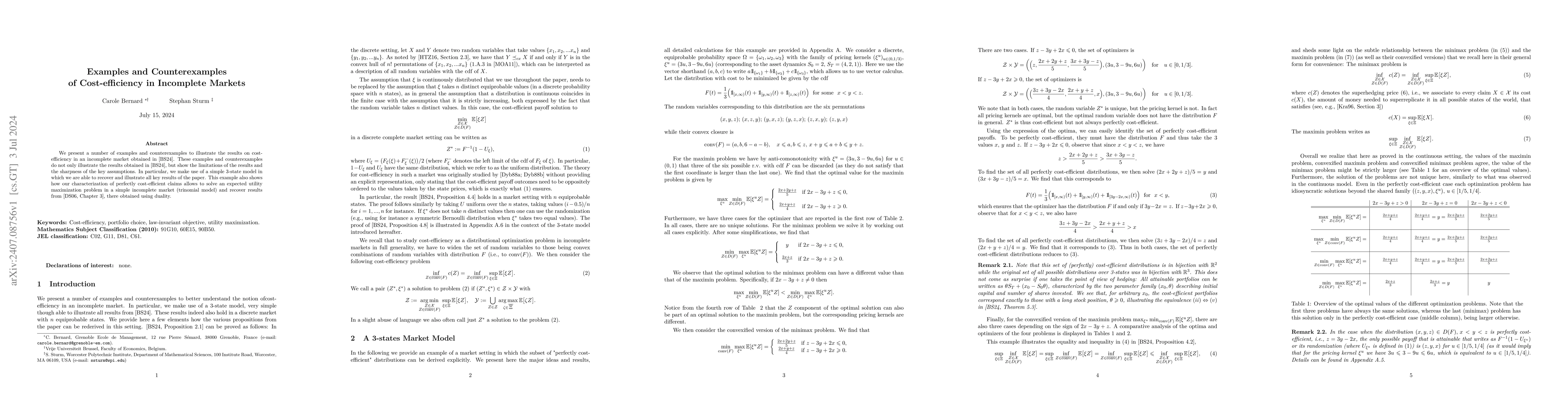 Thumbnail for Examples and Counterexamples of Cost-efficiency in Incomplete Markets