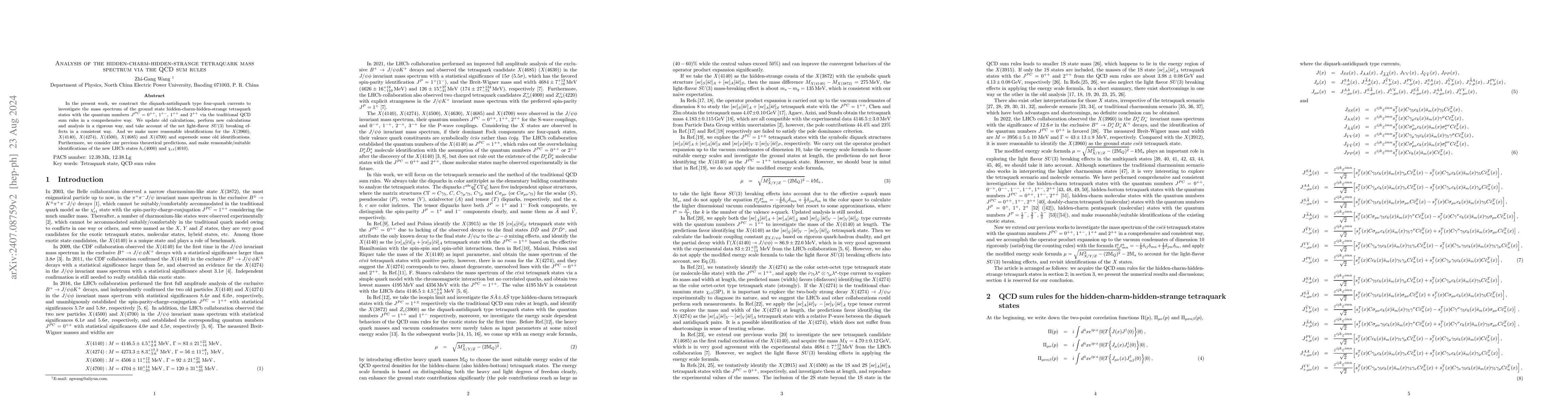 Thumbnail for Analysis of the hidden-charm-hidden-strange tetraquark mass spectrum via
  the QCD sum rules