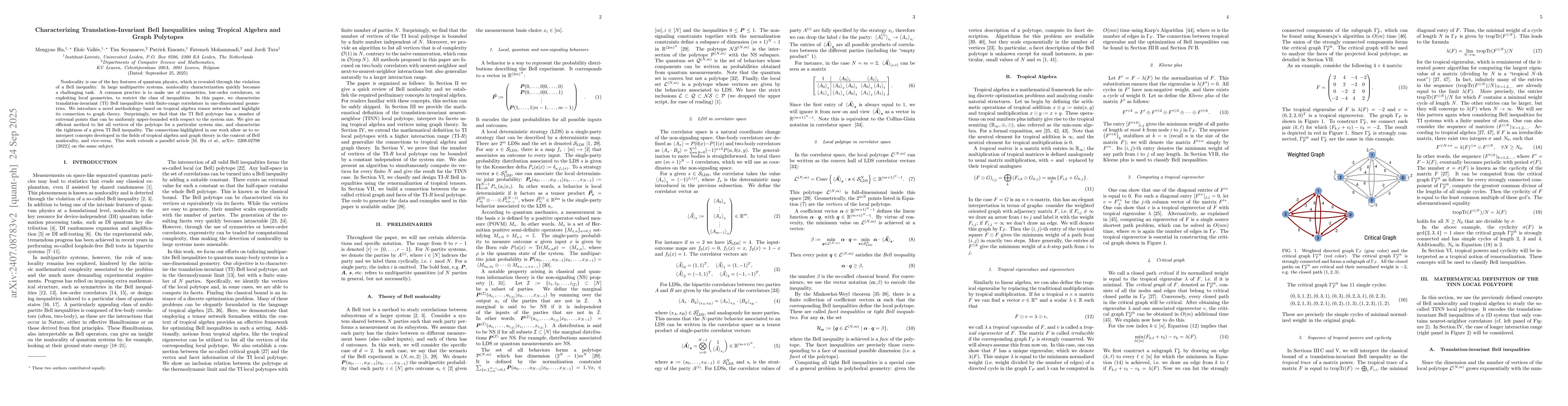 Thumbnail for Characterizing Translation-Invariant Bell Inequalities using Tropical
  Algebra and Graph Polytopes
