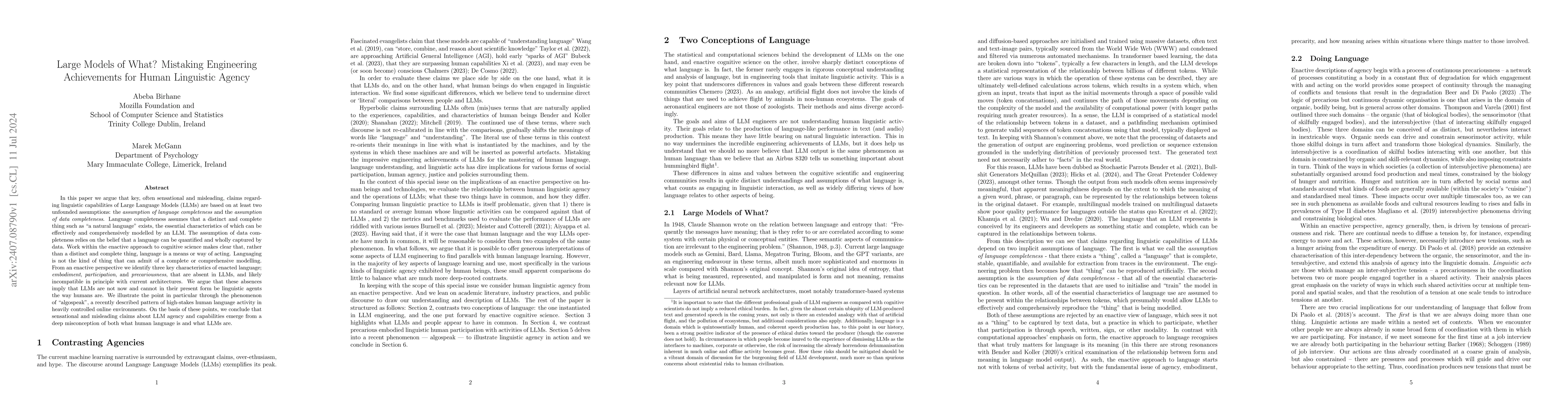 Thumbnail for Large Models of What? Mistaking Engineering Achievements for Human
  Linguistic Agency
