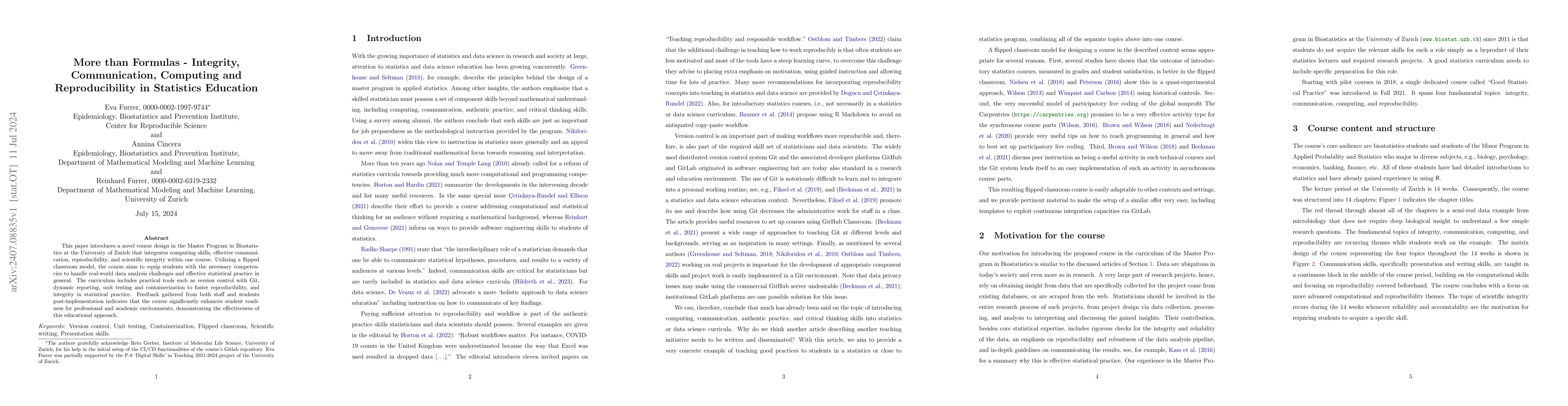 Thumbnail for More than Formulas -- Integrity, Communication, Computing and
  Reproducibility in Statistics Education