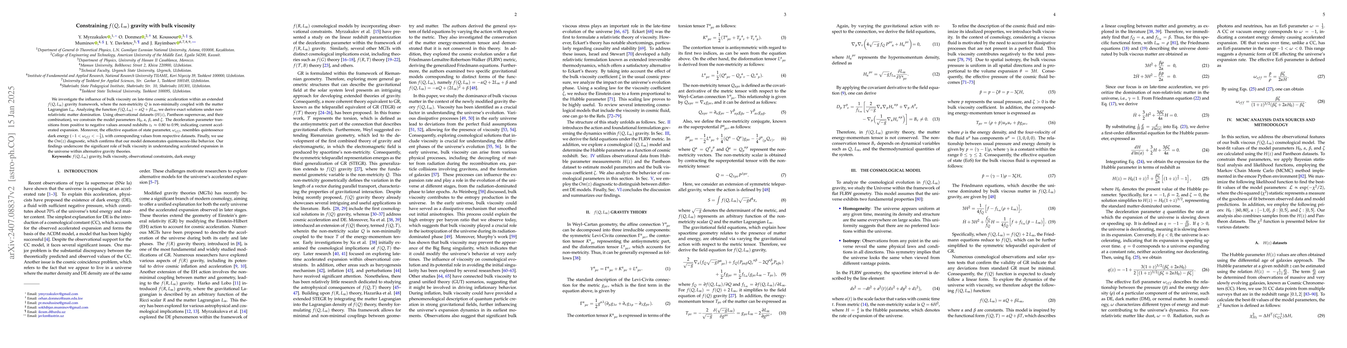 Thumbnail for Constraining $f(Q, L_m)$ gravity with bulk viscosity