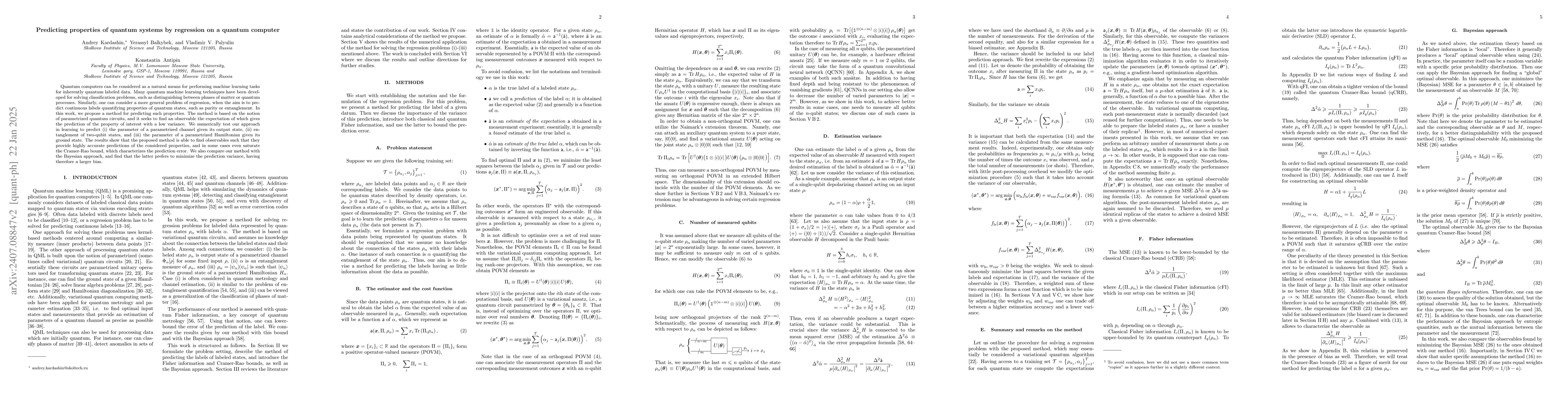 Thumbnail for Predicting properties of quantum systems by regression on a quantum
  computer