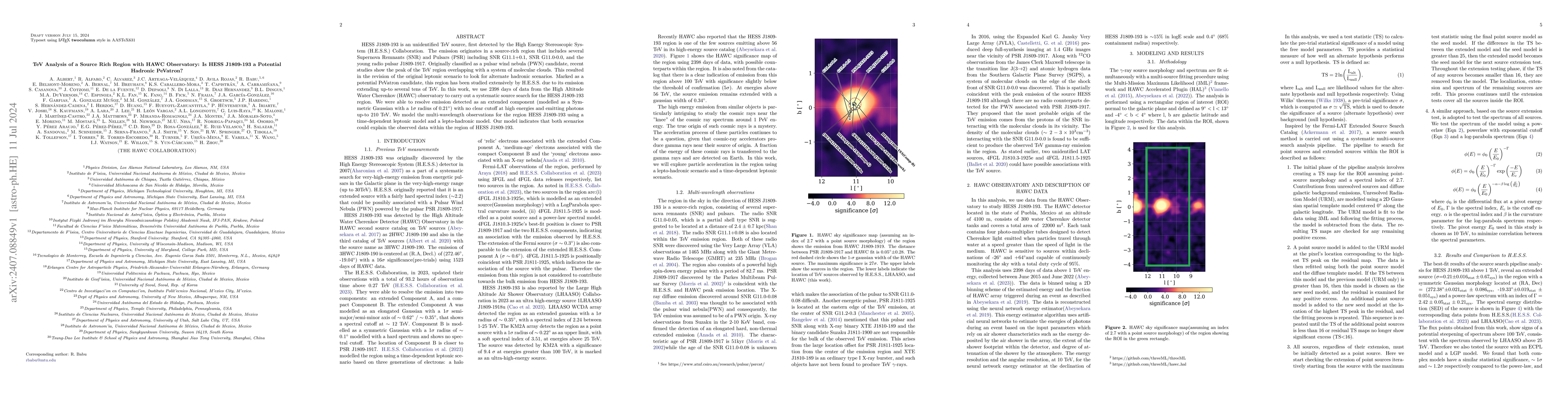Thumbnail for TeV Analysis of a Source Rich Region with HAWC Observatory: Is HESS
  J1809-193 a Potential Hadronic PeVatron?