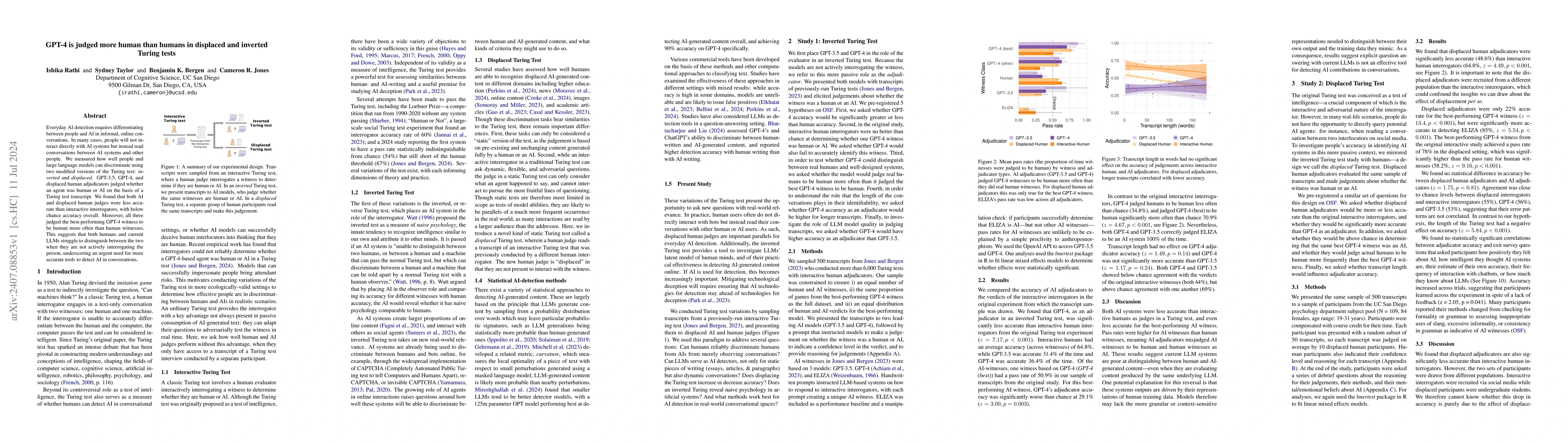 Thumbnail for GPT-4 is judged more human than humans in displaced and inverted Turing
  tests