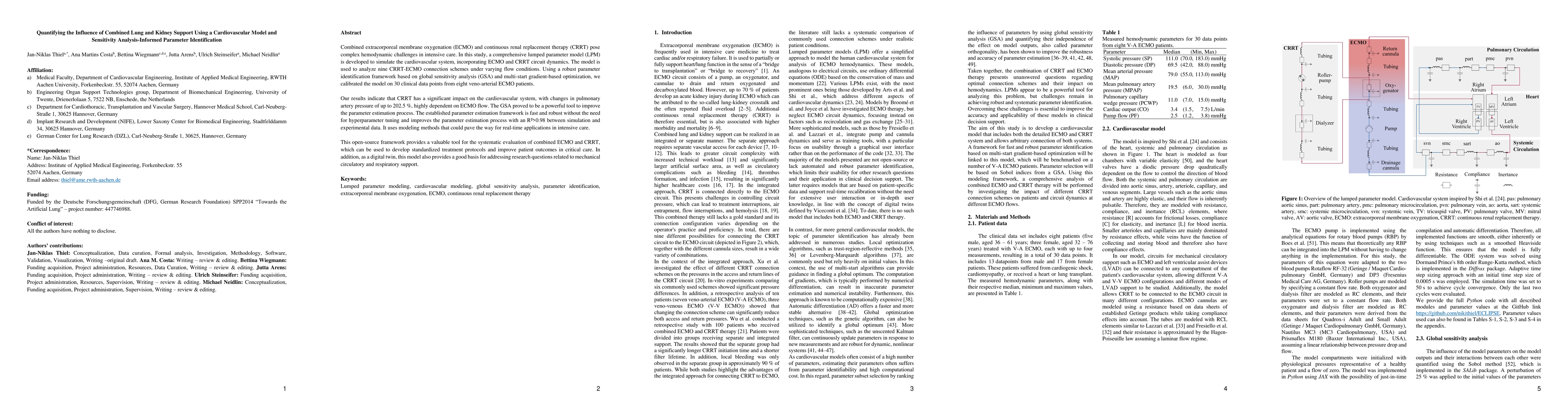 Thumbnail for Quantifying the Influence of Combined Lung and Kidney Support Using a
  Cardiovascular Model and Sensitivity Analysis-Informed Parameter
  Identification