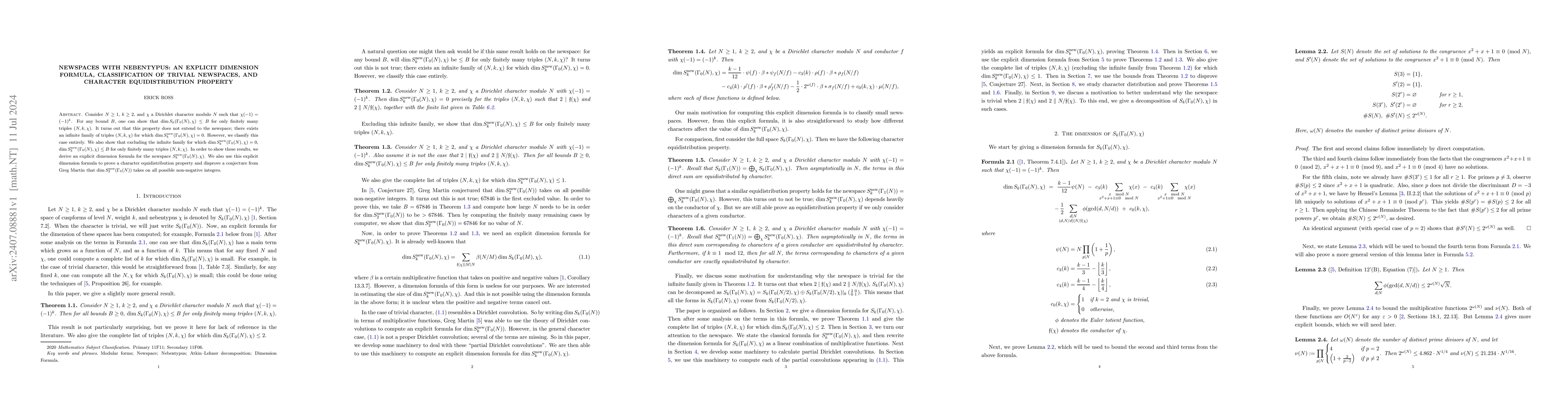 Thumbnail for Newspaces with Nebentypus: An Explicit Dimension Formula, Classification
  of Trivial Newspaces, and Character Equidistribution Property
