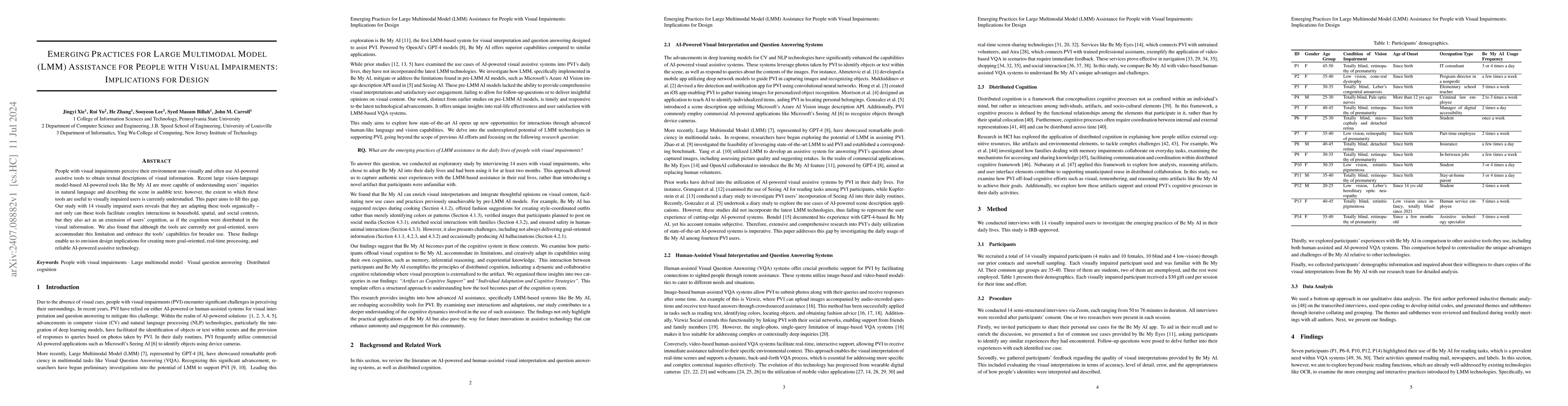 Thumbnail for Emerging Practices for Large Multimodal Model (LMM) Assistance for
  People with Visual Impairments: Implications for Design