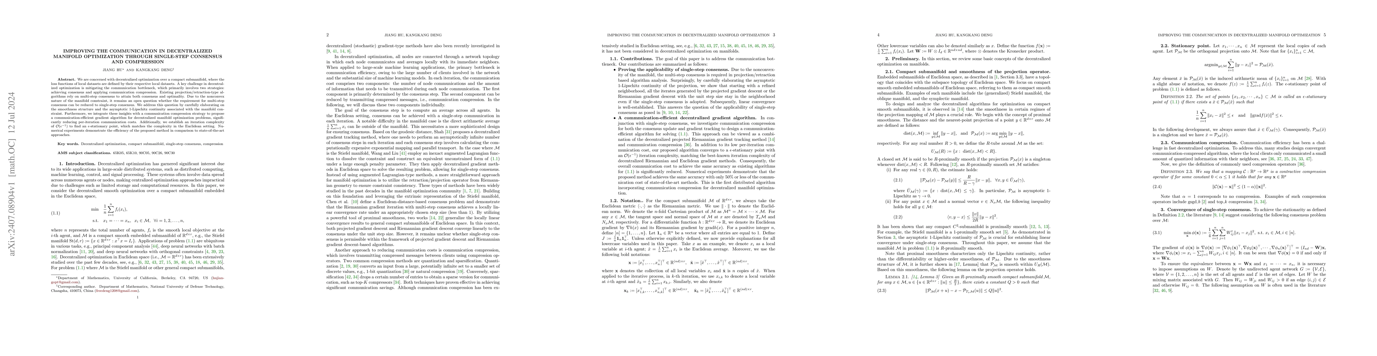 Thumbnail for Improving the communication in decentralized manifold optimization
  through single-step consensus and compression