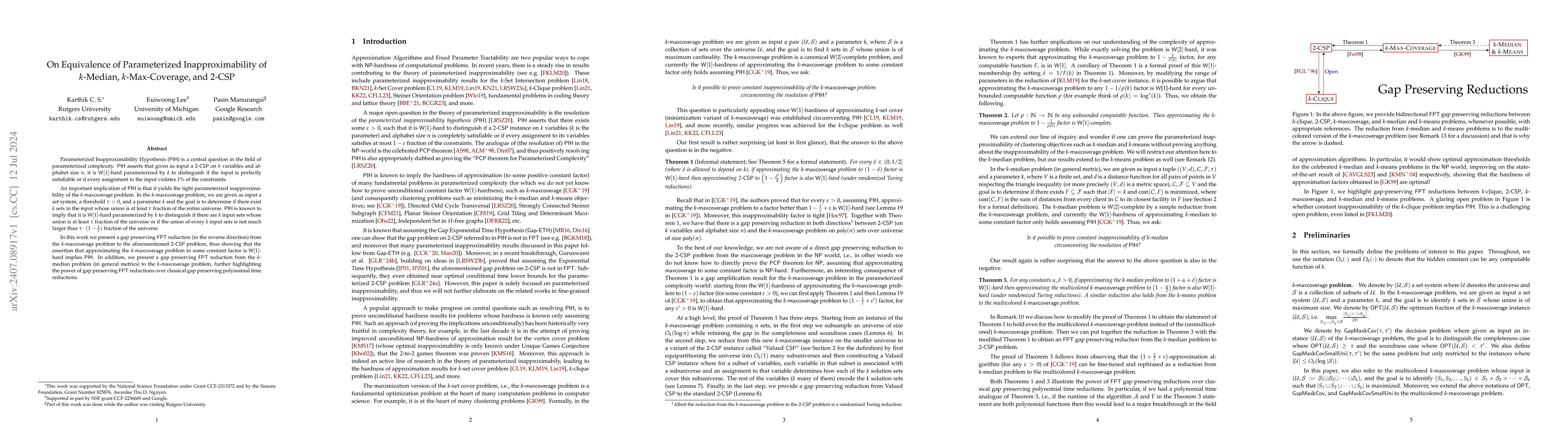 Thumbnail for On Equivalence of Parameterized Inapproximability of k-Median,
  k-Max-Coverage, and 2-CSP