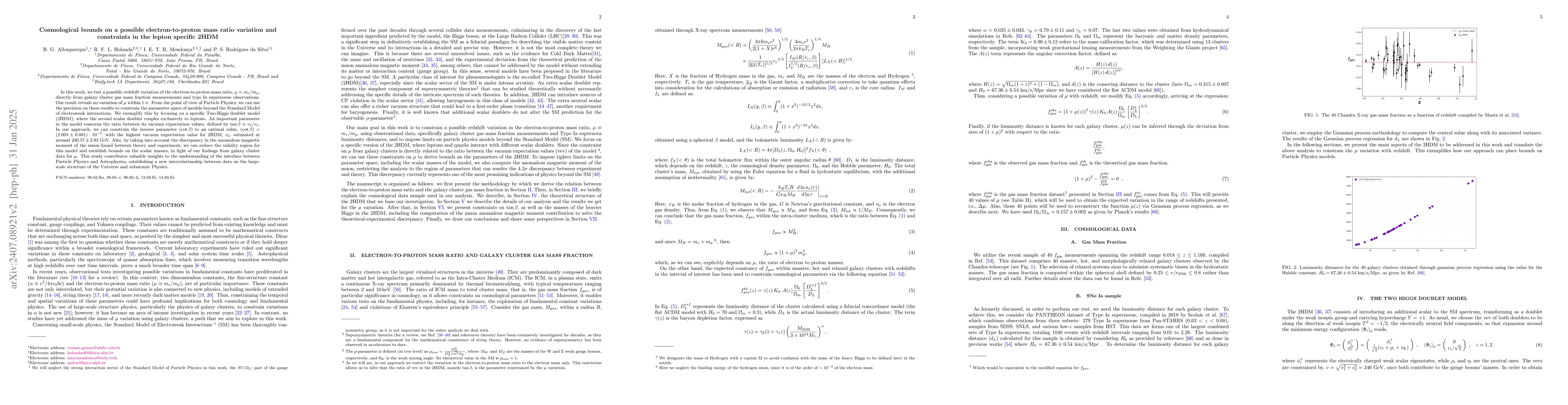 Thumbnail for Observational bounds on a possible electron-to-proton mass ratio
  variation and constraints in the lepton-specific 2HDM