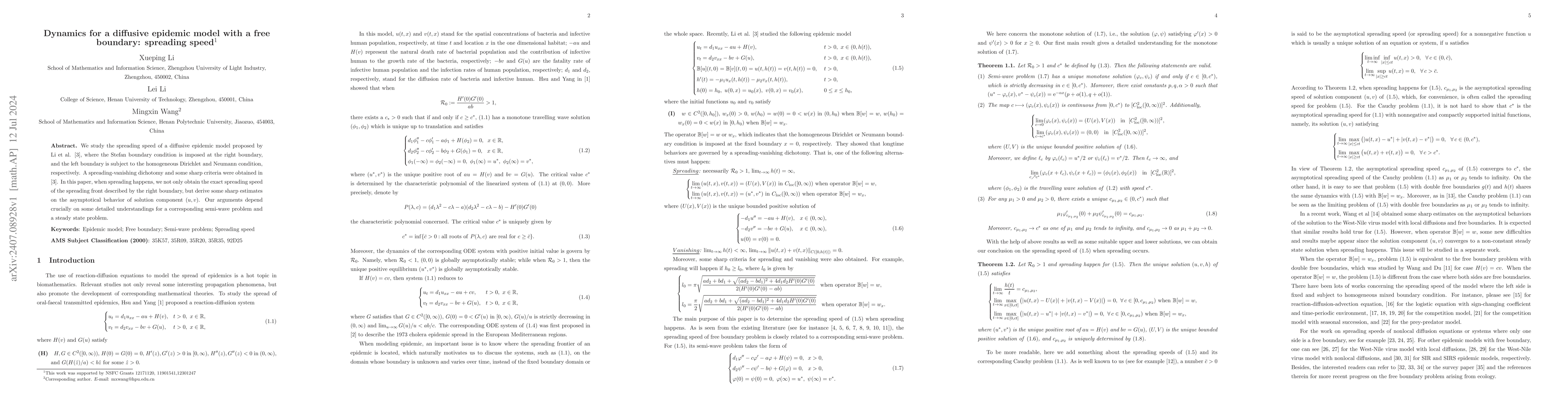 Thumbnail for Dynamics for a diffusive epidemic model with a free boundary: spreading
  speed