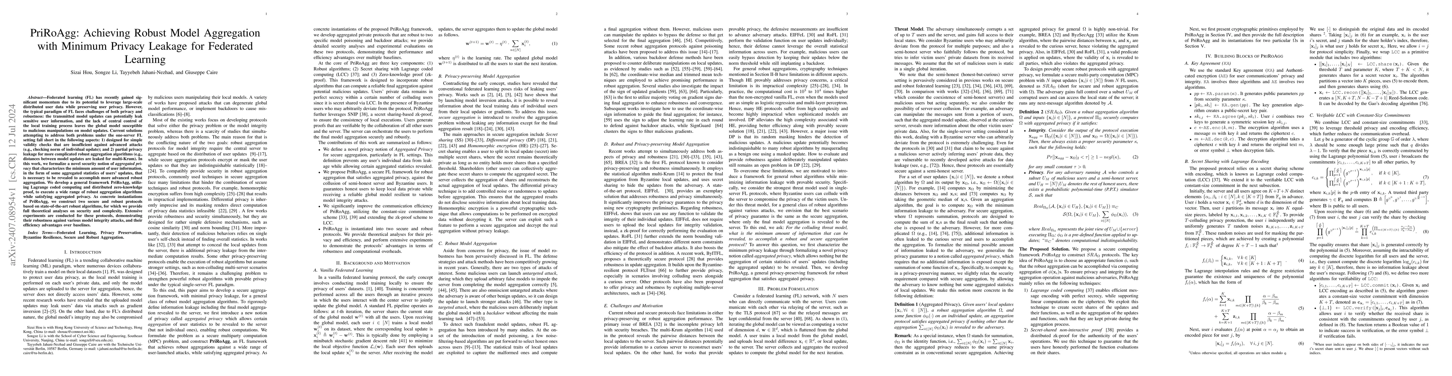Thumbnail for PriRoAgg: Achieving Robust Model Aggregation with Minimum Privacy
  Leakage for Federated Learning