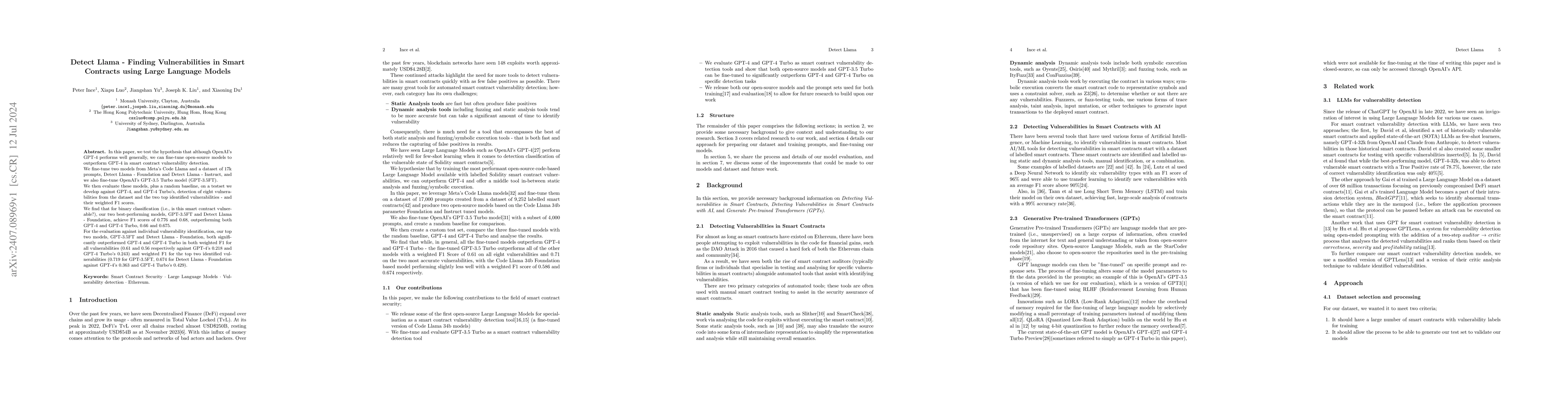 Thumbnail for Detect Llama -- Finding Vulnerabilities in Smart Contracts using Large
  Language Models