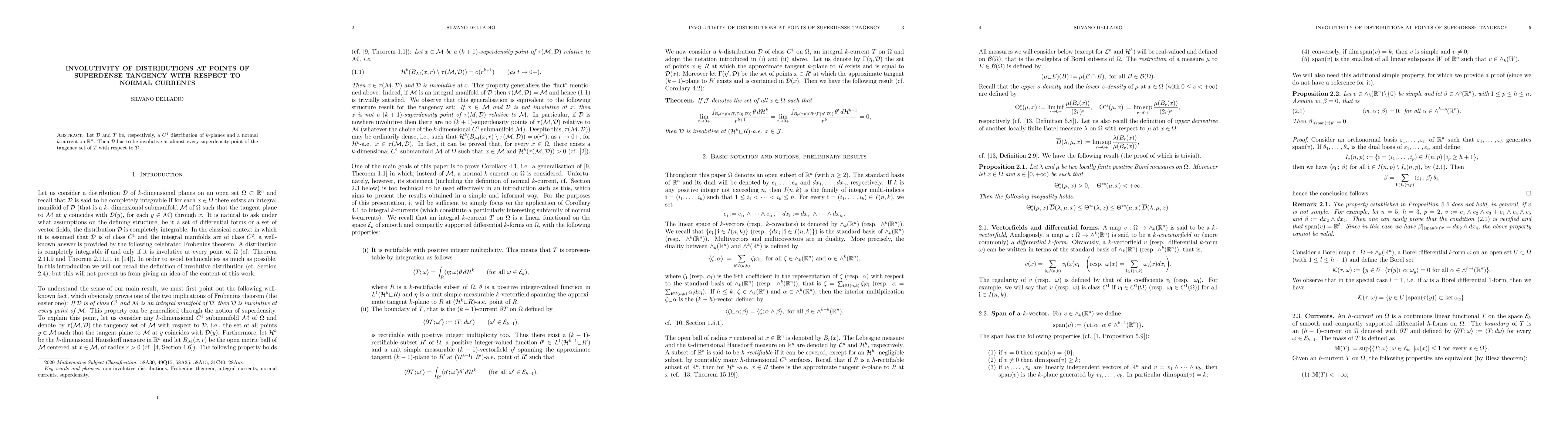 Thumbnail for Involutivity of distributions at points of superdense tangency with
  respect to normal currents