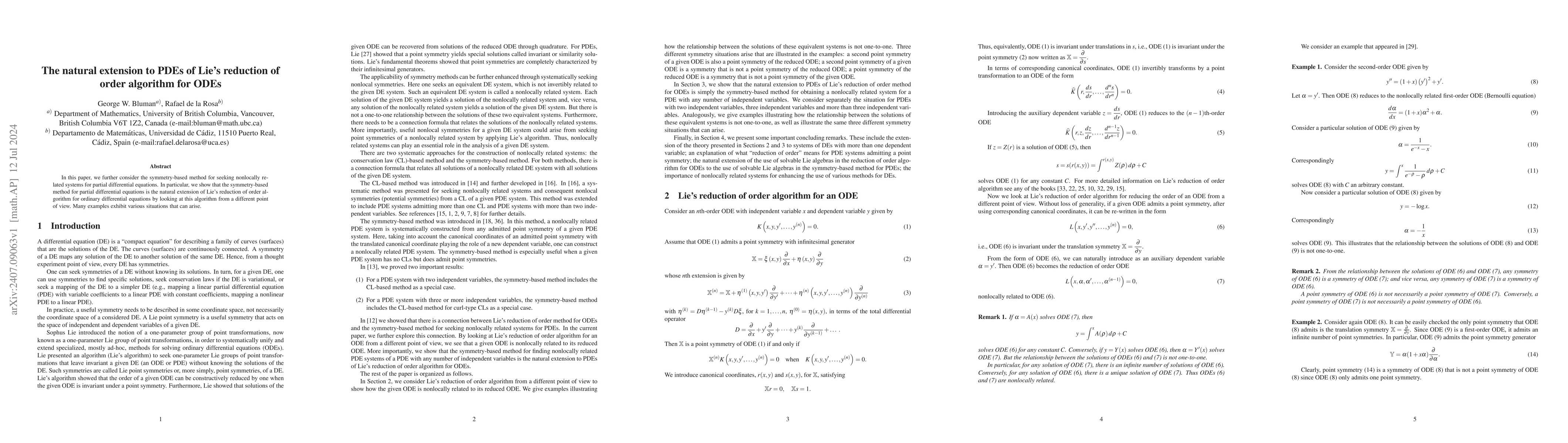 Thumbnail for The natural extension to PDEs of Lie's reduction of order algorithm for
  ODEs