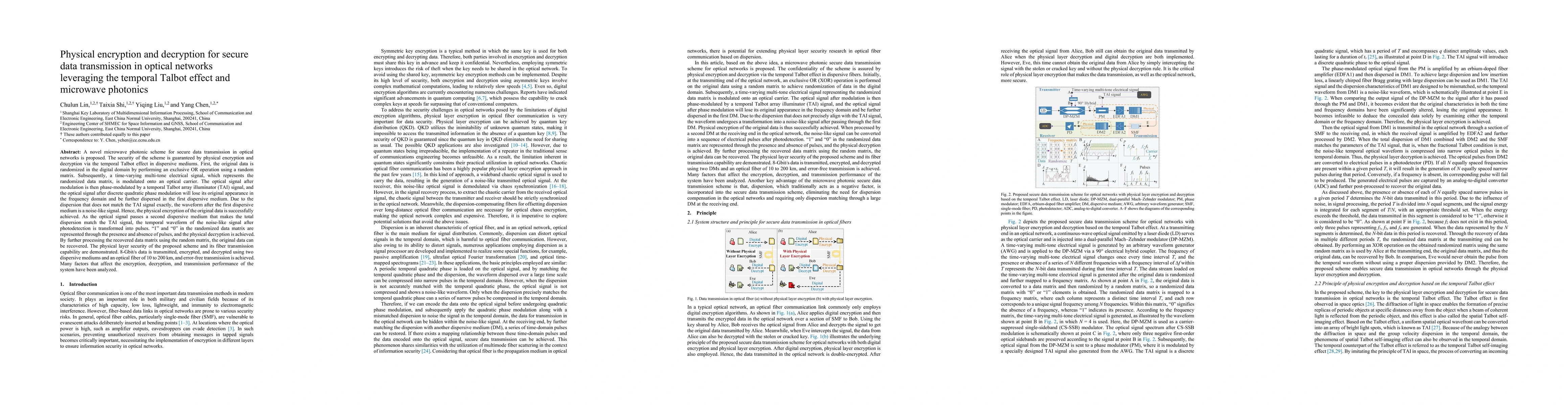 Thumbnail for Physical encryption and decryption for secure data transmission in
  optical networks leveraging the temporal Talbot effect and microwave
  photonics