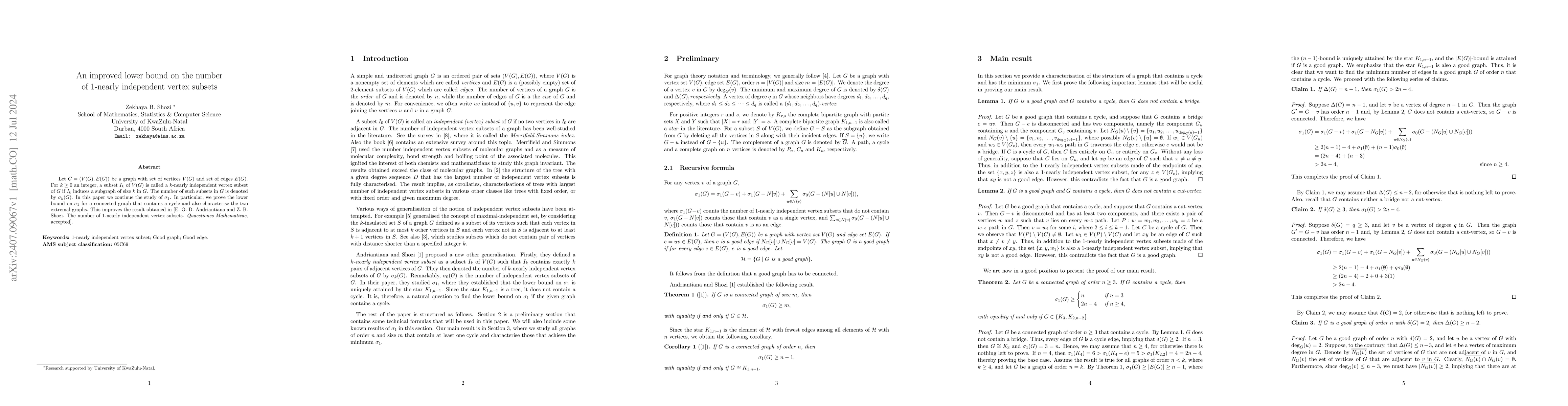 Thumbnail for An improved lower bound on the number of $1$-nearly independent vertex
  subsets