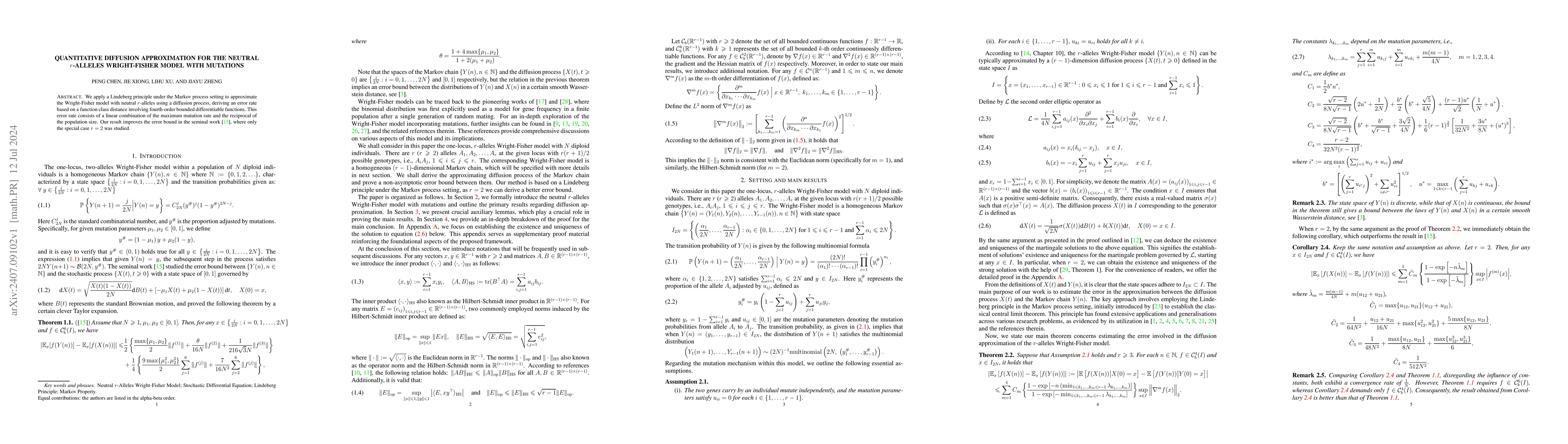 Thumbnail for Quantitative diffusion approximation for the Neutral $r$-Alleles
  Wright-Fisher Model with Mutations