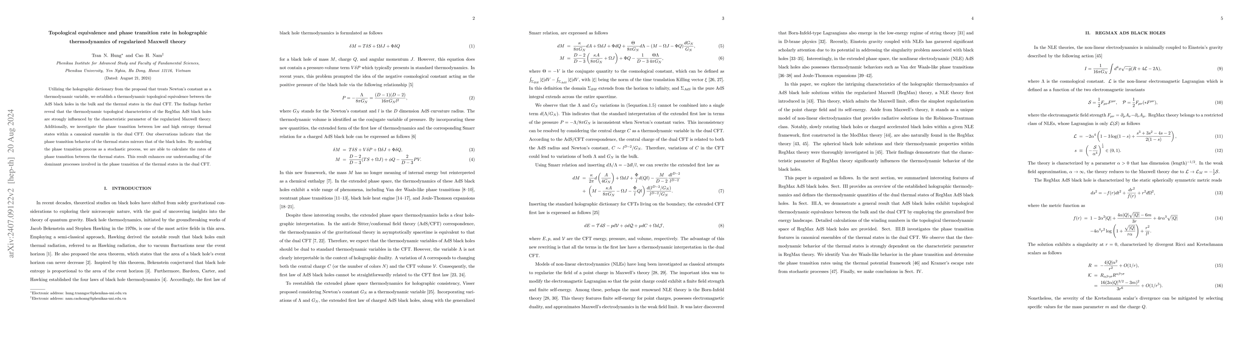 Thumbnail for Topological equivalence and phase transition rate in holographic
  thermodynamics of regularized Maxwell theory