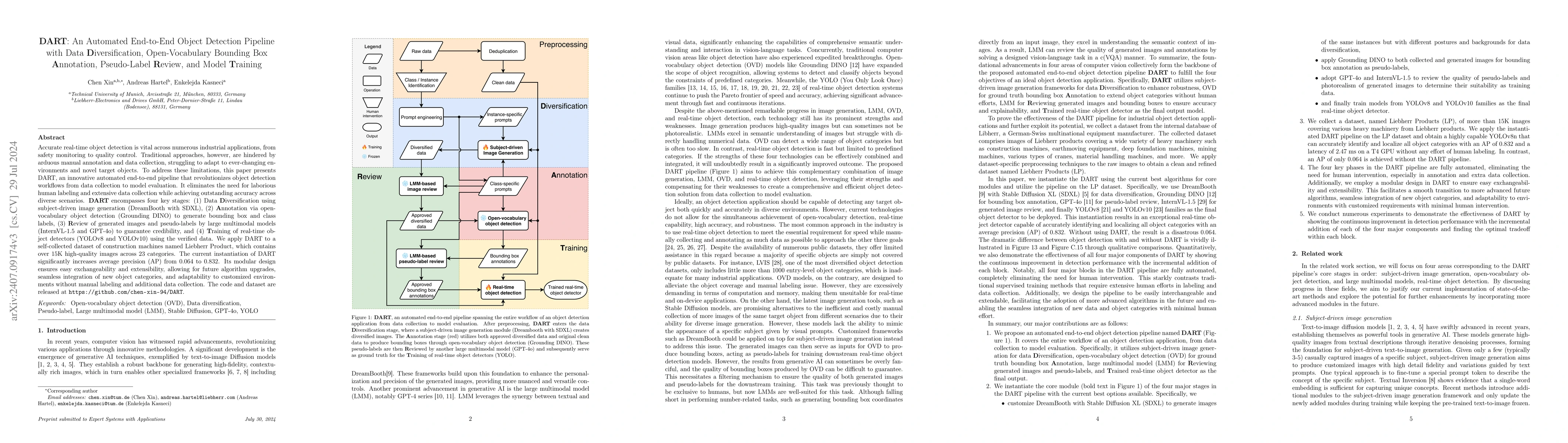 Thumbnail for DART: An Automated End-to-End Object Detection Pipeline with Data
  Diversification, Open-Vocabulary Bounding Box Annotation, Pseudo-Label
  Review, and Model Training