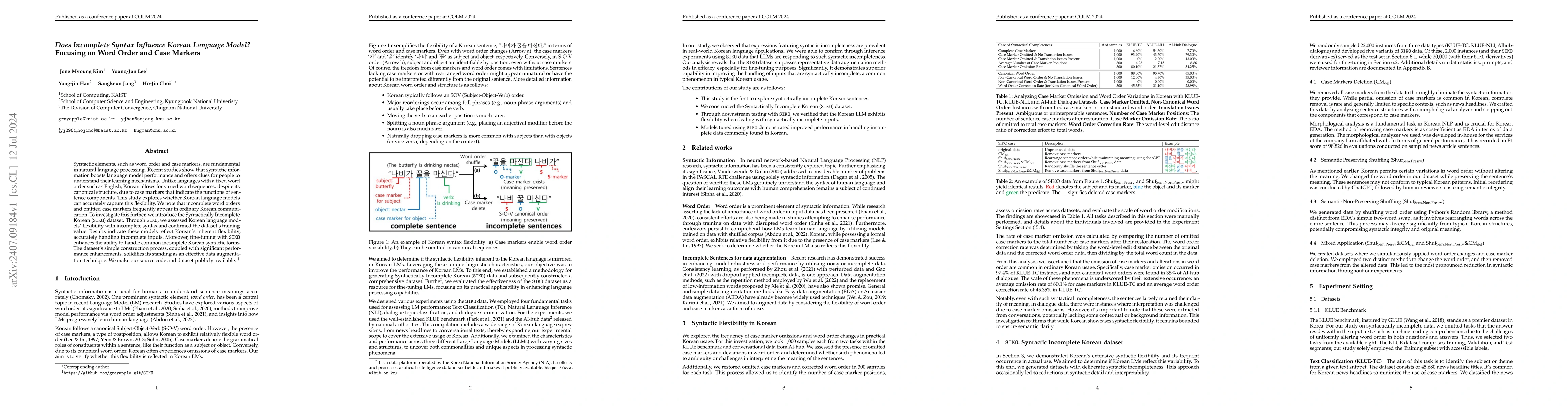 Thumbnail for Does Incomplete Syntax Influence Korean Language Model? Focusing on Word
  Order and Case Markers