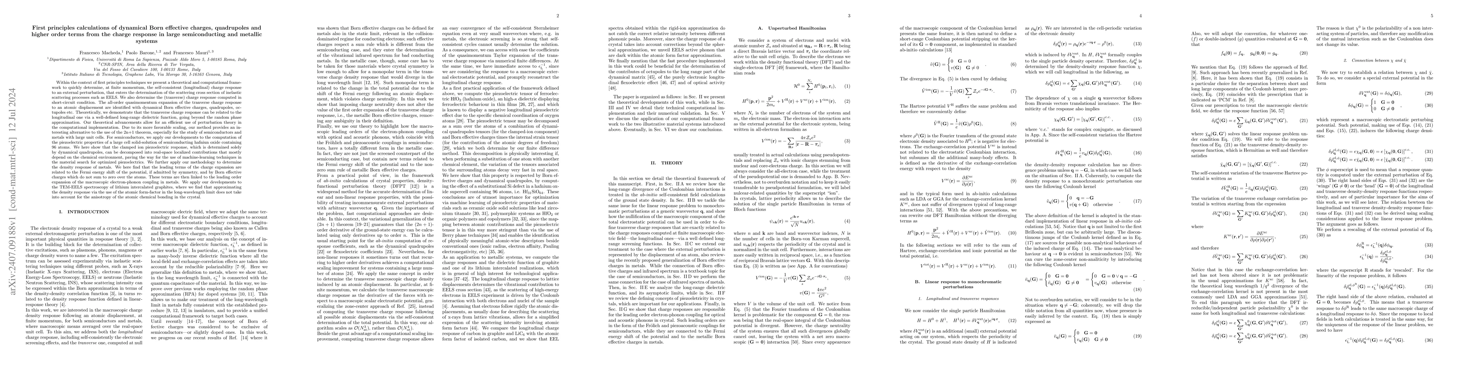 Thumbnail for First principles calculations of dynamical Born effective charges,
  quadrupoles and higher order terms from the charge response in large
  semiconducting and metallic systems