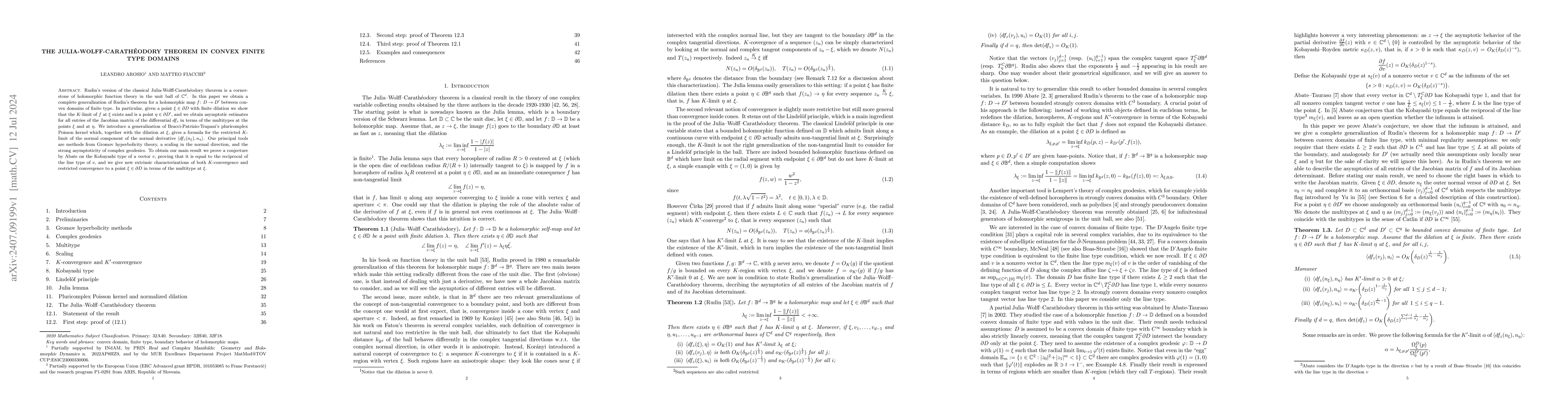 Thumbnail for The Julia-Wolff-Carathéodory theorem in convex finite type domains