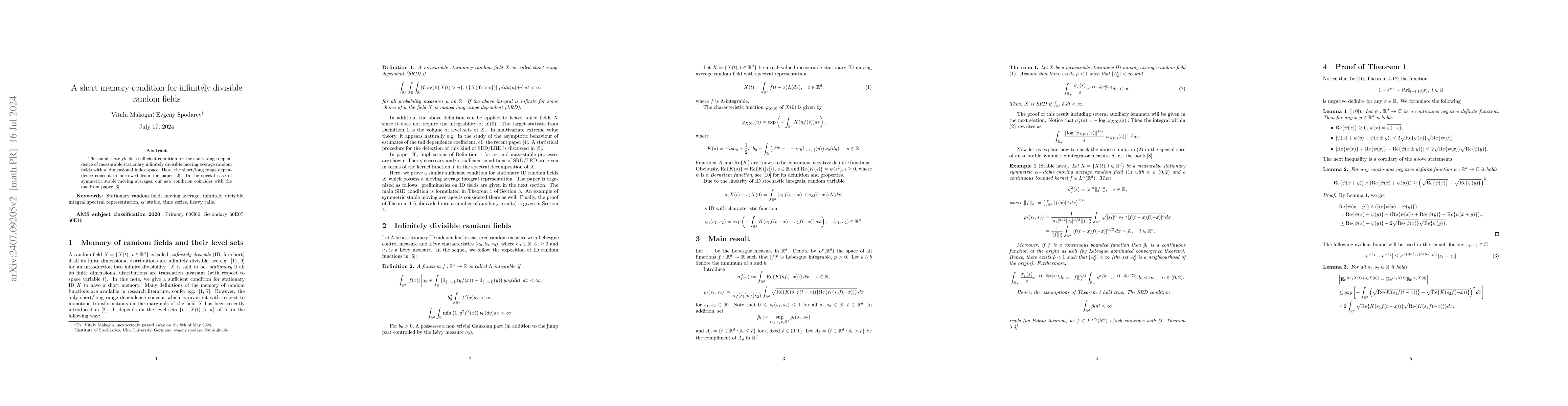 Thumbnail for A short memory condition for infinitely divisible random fields