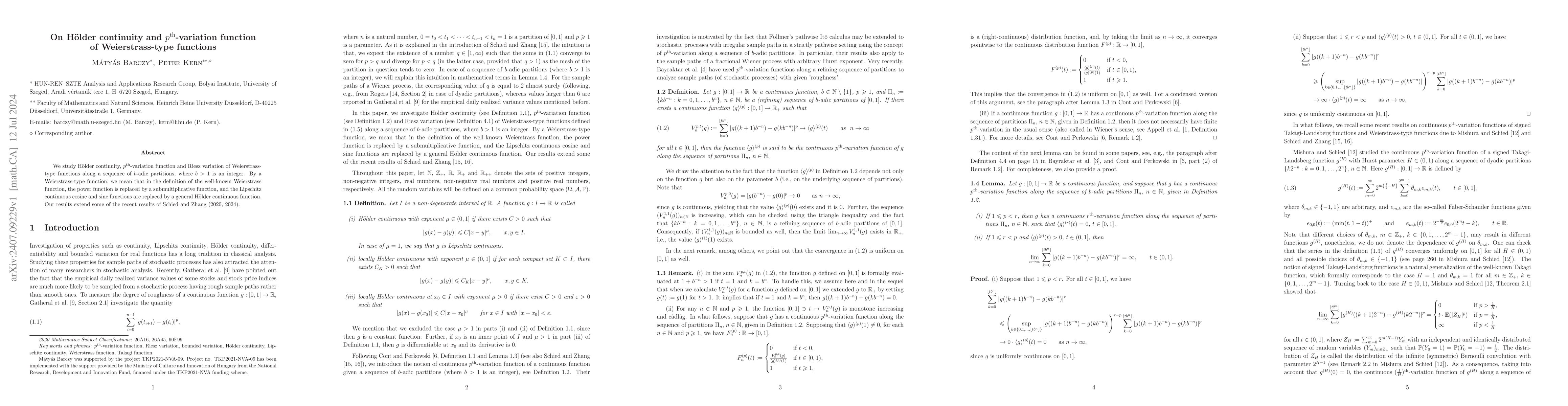 Thumbnail for On Hölder continuity and $p^\mathrm{th}$-variation function of
  Weierstrass-type functions