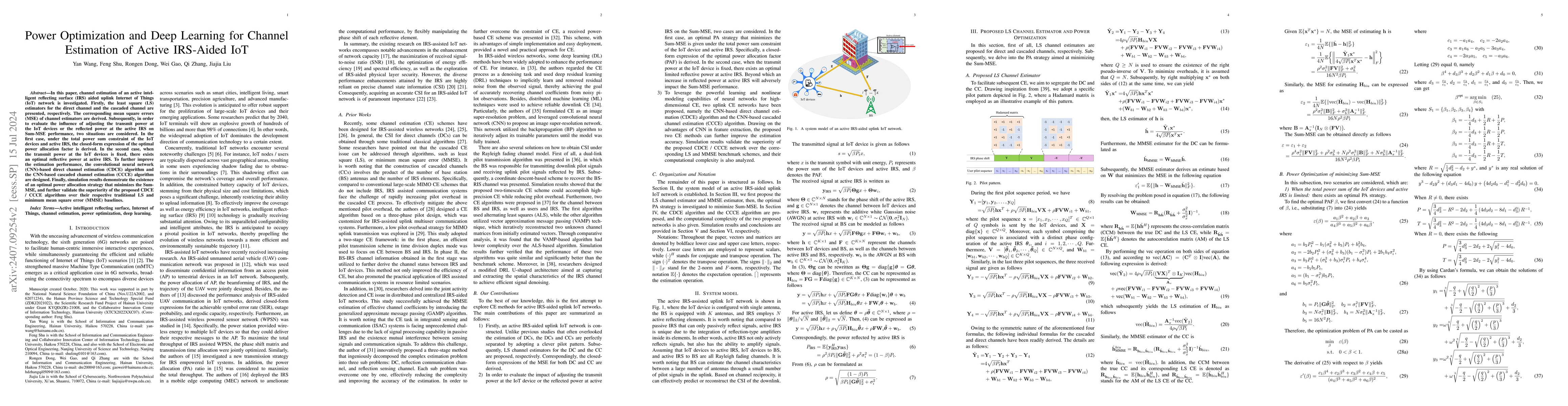 Thumbnail for Power Optimization and Deep Learning for Channel Estimation of Active
  IRS-Aided IoT