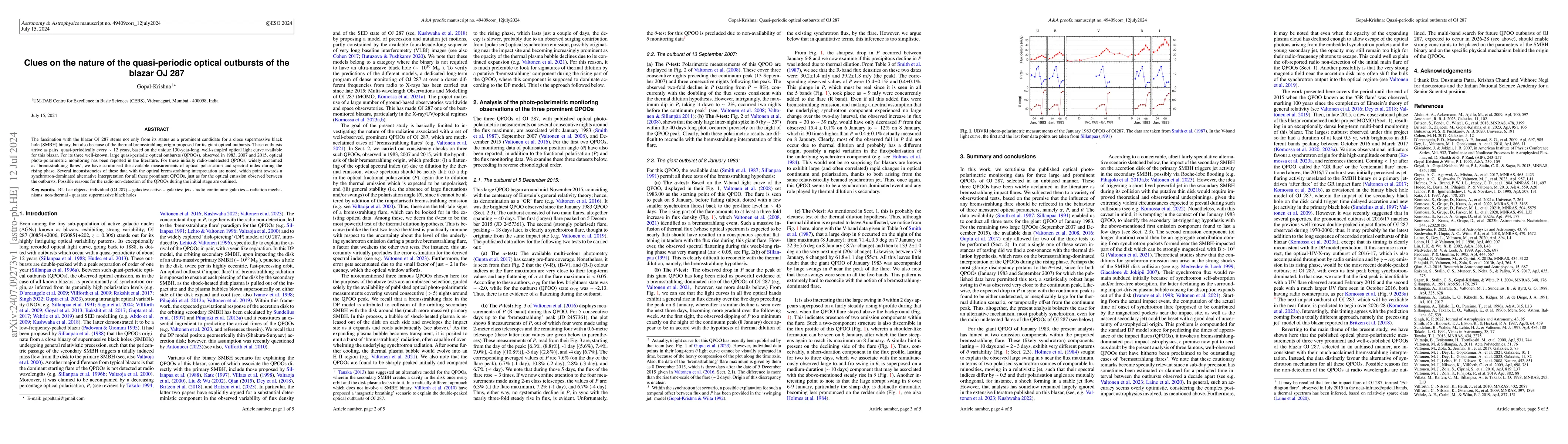 Thumbnail for Clues on the nature of the quasi-periodic optical outbursts of the
  blazar OJ 287