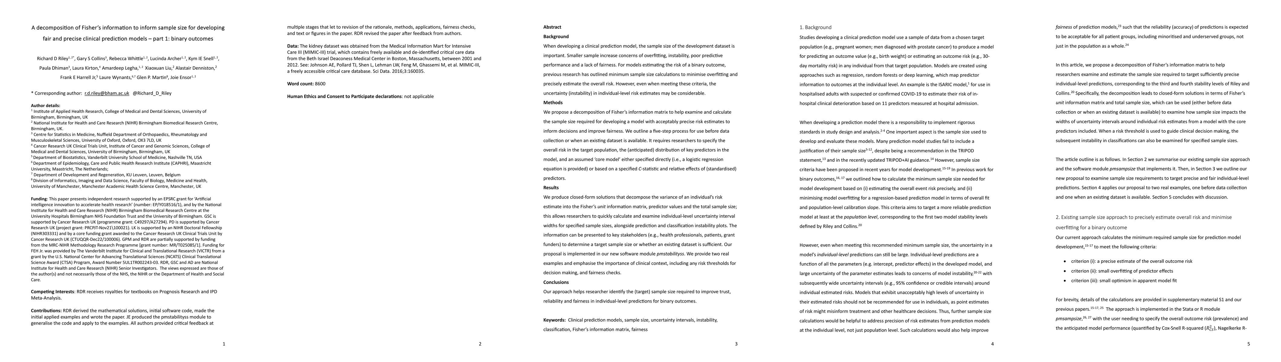 Thumbnail for Sample size for developing a prediction model with a binary outcome:
  targeting precise individual risk estimates to improve clinical decisions and
  fairness