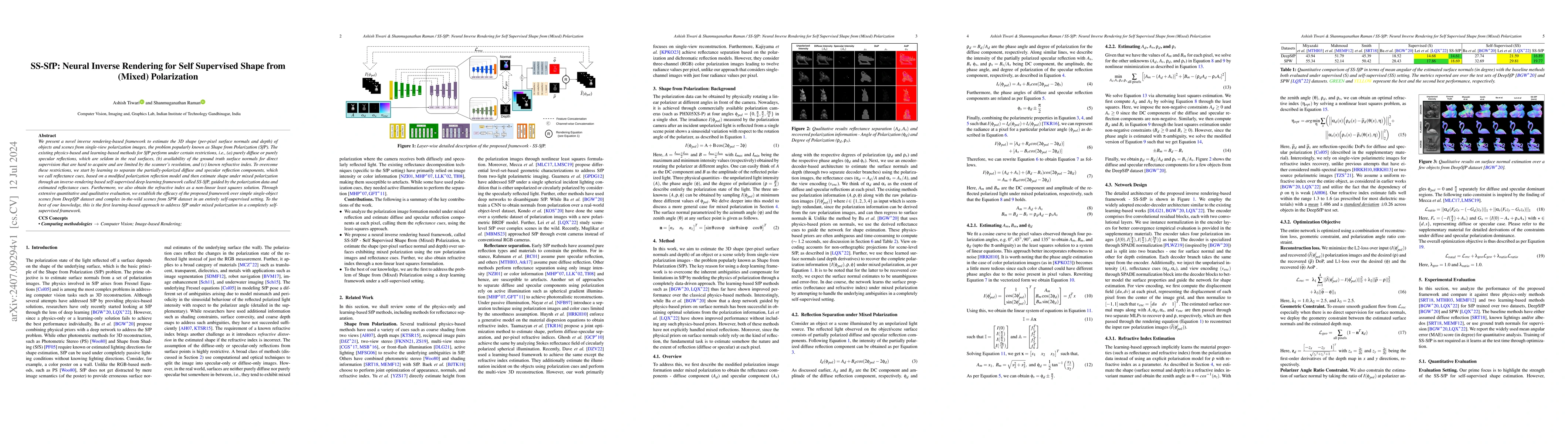 Thumbnail for SS-SfP:Neural Inverse Rendering for Self Supervised Shape from (Mixed)
  Polarization