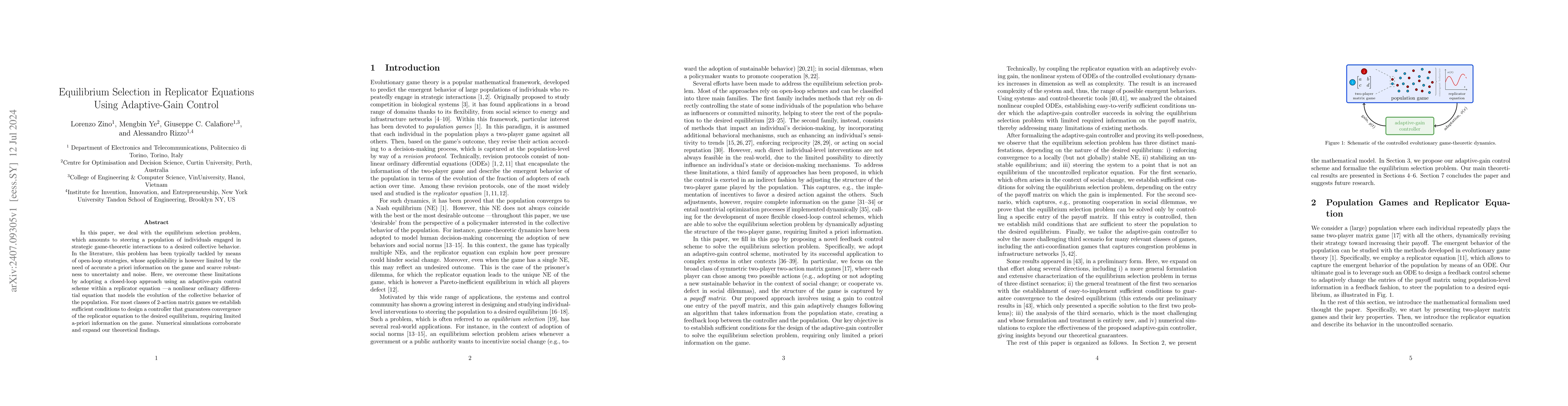 Thumbnail for Equilibrium Selection in Replicator Equations Using Adaptive-Gain
  Control